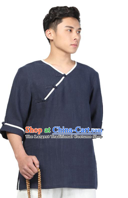 Chinese Traditional Tang Suit Costume National Clothing Slant Opening Navy Ramie Shirt Upper Outer Garment for Men