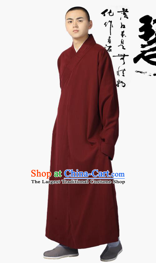 Chinese Traditional Frock Costume Buddhism Clothing Garment Wine Red Monk Robe for Men
