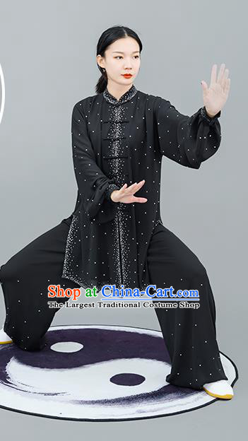 Professional Tai Chi Competition Diamante Costume Tai Ji Training Outfits Clothing Top Grade Martial Arts Black Uniform for Women