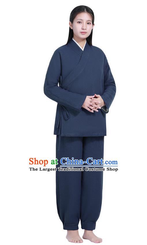 Chinese Traditional Lay Buddhist Costume Top Grade Tai Ji Uniforms Professional Tang Suit Women Navy Ramie Meditation Outfits