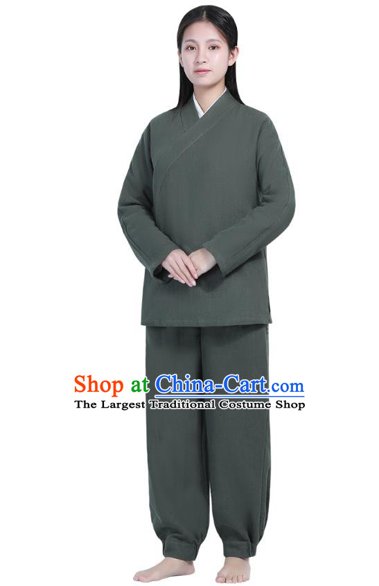 Chinese Traditional Lay Buddhist Costume Top Grade Tai Ji Uniforms Professional Tang Suit Women Atrovirens Ramie Meditation Outfits
