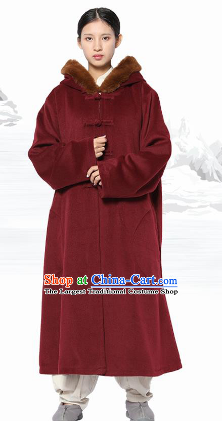 Chinese Traditional Women Lay Buddhist Costume Top Grade Tai Ji Uniforms Tang Suit Meditation Wine Red Dust Coat