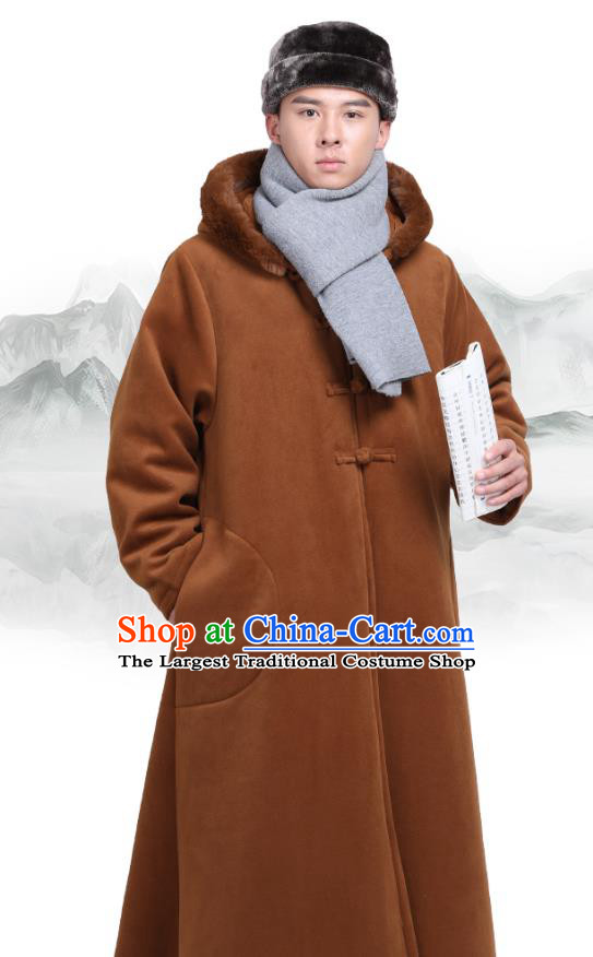 Chinese Traditional Winter Light Tan Cloak Costume Lay Buddhist Clothing Meditation Garment Dust Coat for Men