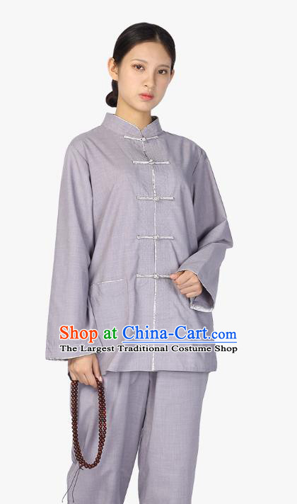 Chinese Traditional Women Lay Buddhist Costume Top Grade Tai Ji Uniforms Tang Suit Meditation Grey Blouse and Pants