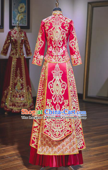 Top Grade Chinese Ancient Bride Diamante Crane Xiuhe Suit Traditional Wedding Embroidered Red Costumes for Women