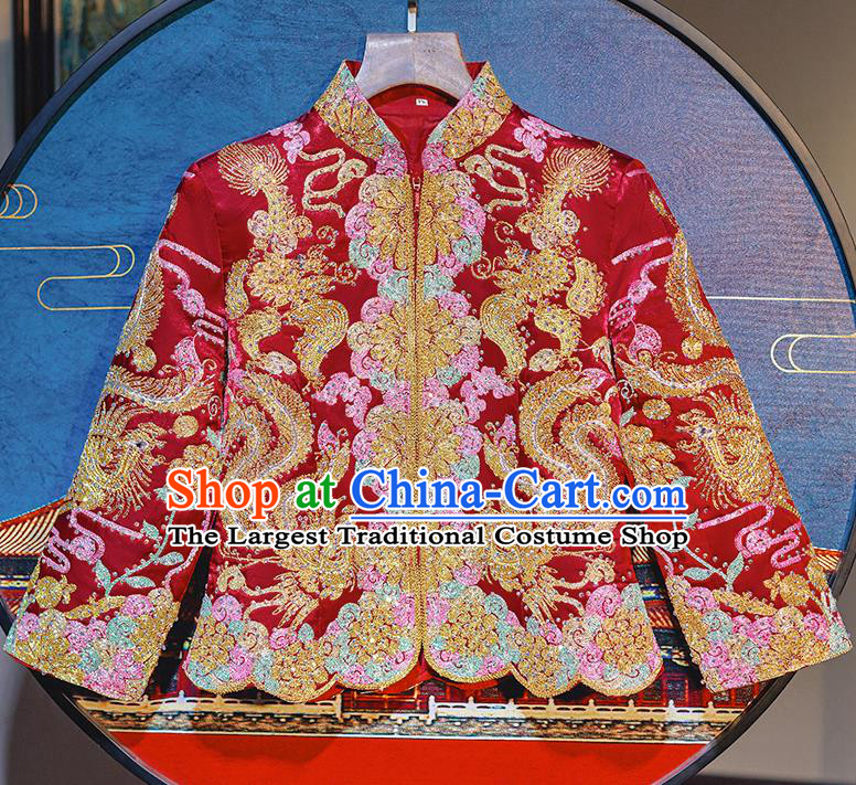 Top Grade Chinese Ancient Bride Drilling Diamante Xiuhe Suit Traditional Wedding Embroidered Phoenix Red Costumes for Women