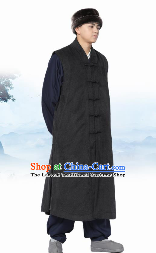 Chinese Traditional Winter Deep Grey Long Vest Costume Meditation Garment Lay Buddhist Clothing for Men