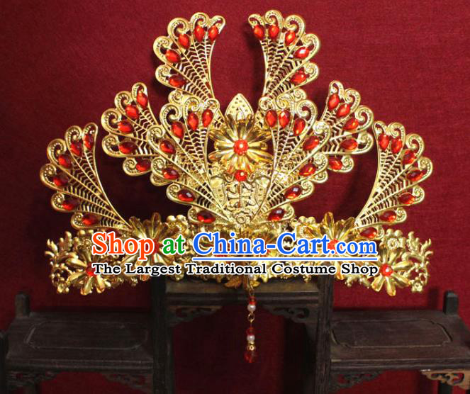 Traditional Handmade Chinese Ancient Queen Red Beads Hair Accessories Golden Phoenix Coronet Hair Jewelery Hair Fascinators Tassel Hairpins for Women