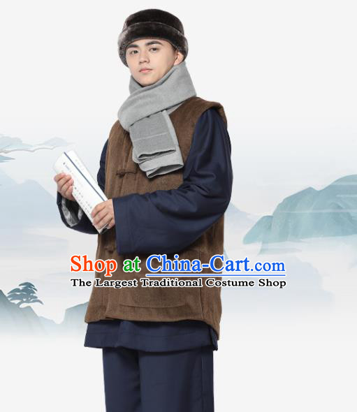 Chinese Traditional Winter Brown Vest Costume Meditation Garment Lay Buddhist Waistcoat for Men
