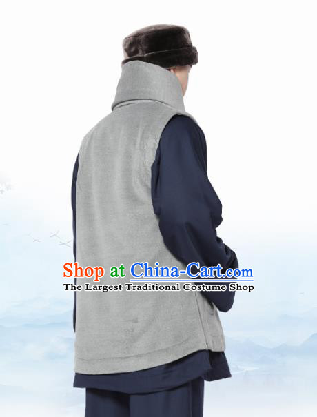 Chinese Traditional Winter Grey Vest Costume Meditation Garment Lay Buddhist Waistcoat for Men