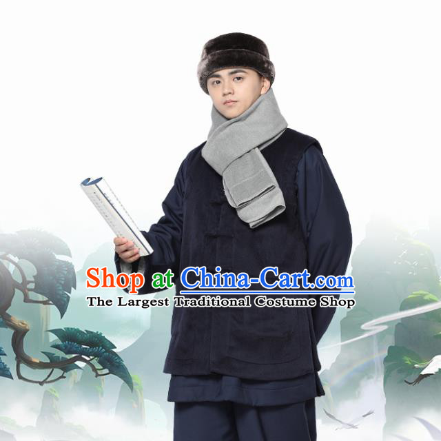 Chinese Traditional Winter Navy Vest Costume Meditation Garment Lay Buddhist Waistcoat for Men