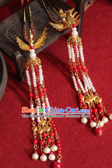 Traditional Chinese Handmade Beads Tassel Hairpins Ancient Princess Hair Accessories Golden Phoenix Hair Clip for Women