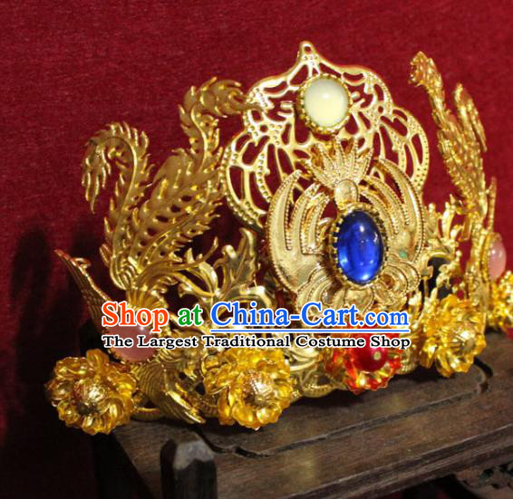 Traditional Chinese Handmade Blue Crystal Hair Crown Ancient Princess Hair Accessories Hairpin Golden Hair Comb for Women