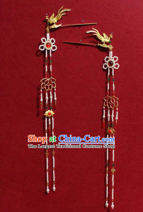 Traditional Chinese Handmade Beads Long Tassel Hair Clips Ancient Princess Hair Accessories Golden Phoenix Hairpin Hair Stick for Women