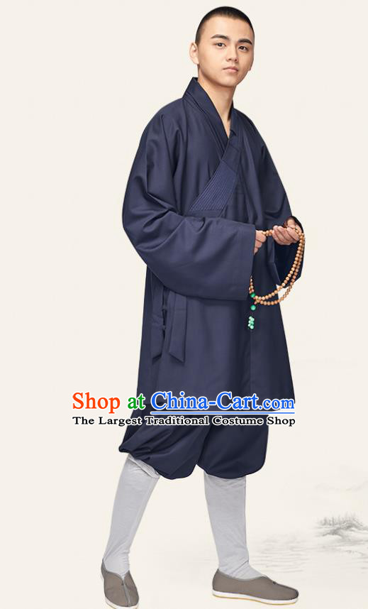 Chinese Traditional Monk Navy Flax Short Gown and Pants Meditation Garment Buddhist Bonze Costume for Men