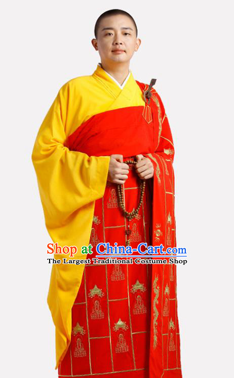 Chinese Traditional Monk Buddhist Statues Pattern Red Kasaya Meditation Vestment Garment Buddhist Cassock Costume for Men
