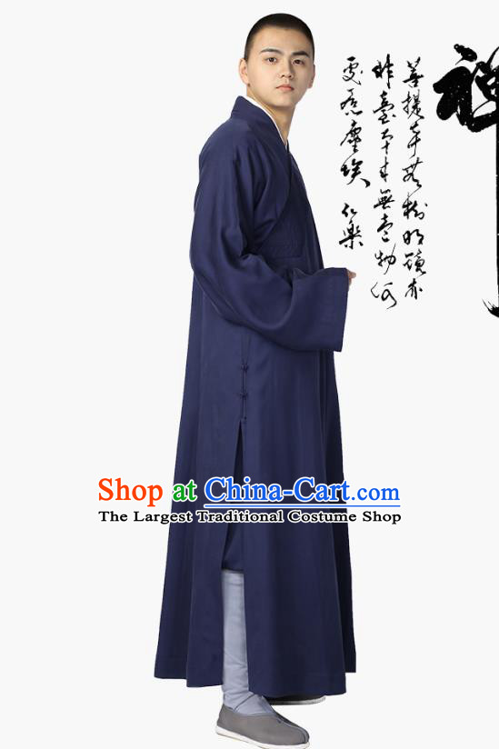 Chinese Traditional Buddhist Bonze Costume Meditation Garment Monk Navy Robe Frock for Men