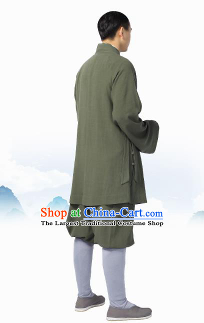 Chinese Traditional Monk Olive Green Short Gown and Pants Meditation Garment Buddhist Costume for Men