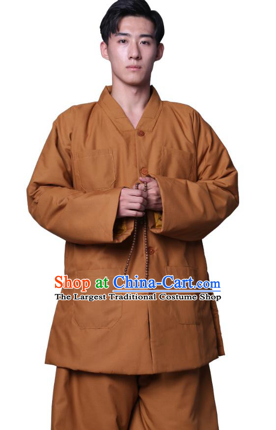 Chinese Winter Buddhist Monk Costume Traditional Meditation Garment Bonze Clothing Ginger Cotton Wadded Coat and Pants for Men