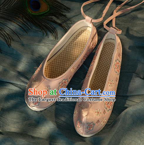 Chinese Handmade Pink Embroidered Shoes Traditional Ming Dynasty Female Bow Shoes Hanfu Shoes Ancient Princess Shoes