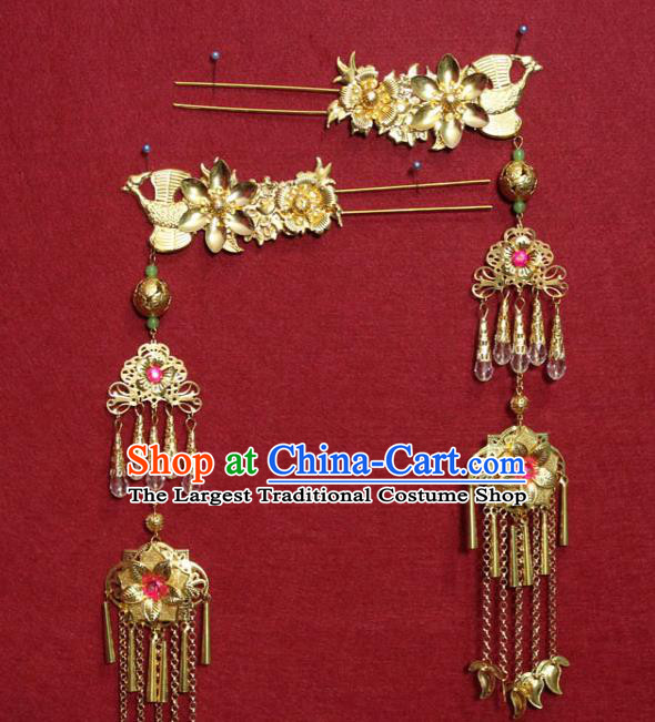 Traditional Chinese Handmade Golden Flowers Hairpins Ancient Queen Hair Accessories Tassel Hair Clip for Women