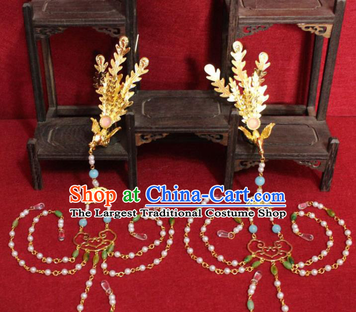 Traditional Chinese Handmade Pearls Tassel Hair Clip Ancient Queen Hair Accessories Golden Phoenix Hairpin for Women