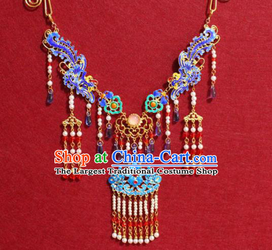 Traditional Chinese Ancient Princess Cloisonne Necklace Handmade Jewelry Accessories Pearls Phoenix Tassel Necklet for Women