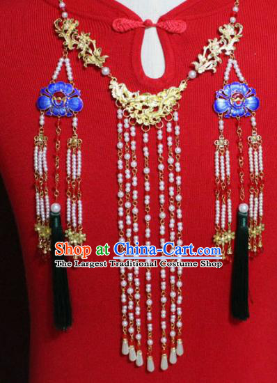 Traditional Chinese Ancient Princess Pearls Tassel Necklace Handmade Jewelry Accessories Cloisonne Necklet for Women
