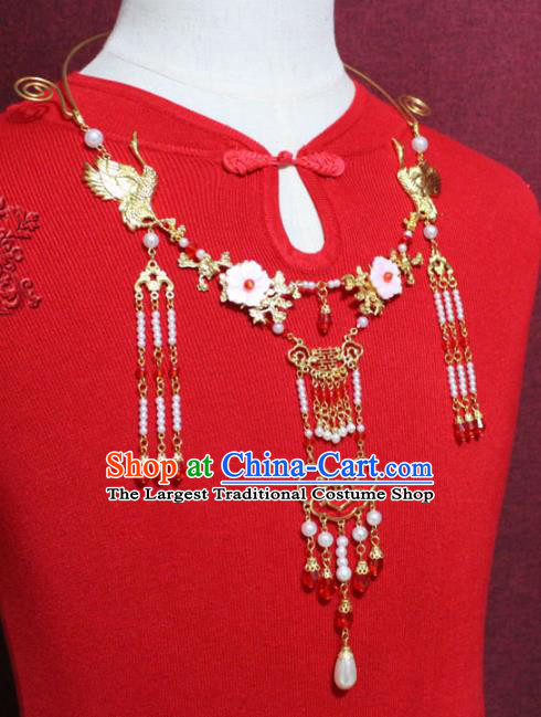 Traditional Chinese Ancient Princess Pearls Tassel Necklace Handmade Jewelry Accessories Golden Cranes Necklet for Women