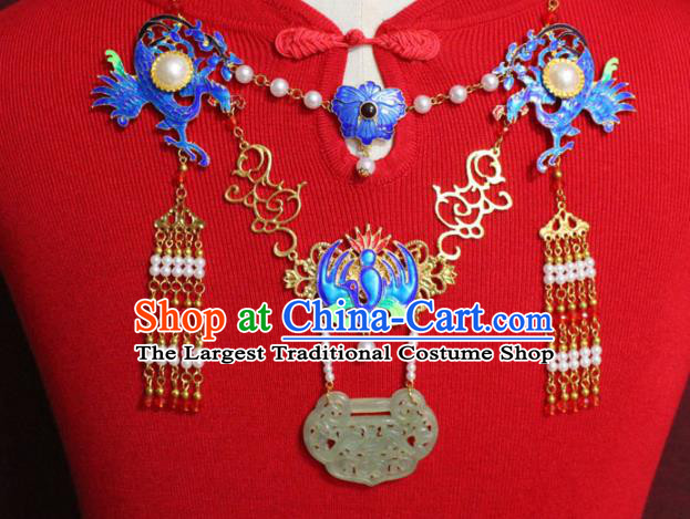 Traditional Chinese Ancient Princess Cloisonne Bat Phoenix Tassel Necklace Handmade Jewelry Accessories Jade Longevity Lock Necklet for Women