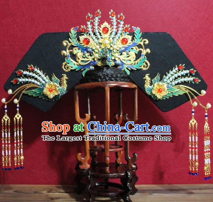 Chinese Ancient Qing Dynasty Queen Hair Jewelry Traditional Handmade Hairpins Hair Accessories Tassel Pearls Phoenix Coronet Complete Set