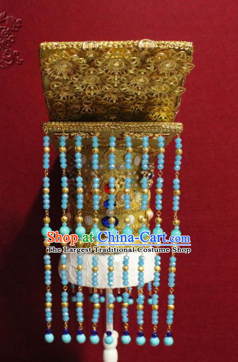 Traditional Chinese Ancient Emperor Blue Beads Tassel Hat Handmade Tang Dynasty Monarch Hair Accessories Golden Royal Crown for Men