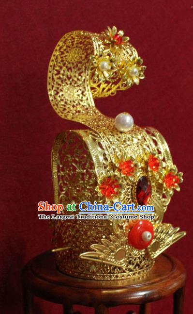 Traditional Chinese Ancient Prince Ruby Hairdo Crown and Hairpin Handmade Ming Dynasty Noble Childe Golden Hair Accessories for Men