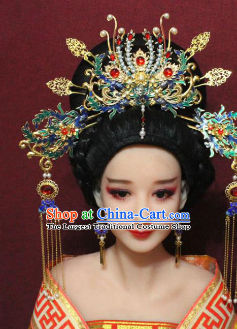 Chinese Ancient Imperial Consort Blueing Phoenix Coronet Hair Jewelry Traditional Handmade Tassel Hairpins Ming Dynasty Queen Hair Accessories Complete Set