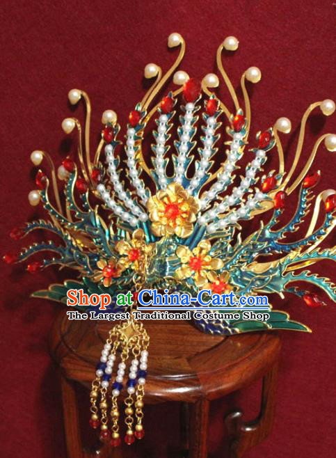 Traditional Chinese Handmade Blueing Phoenix Hairpins Ancient Ming Dynasty Imperial Consort Hair Accessories Hair Crown for Women