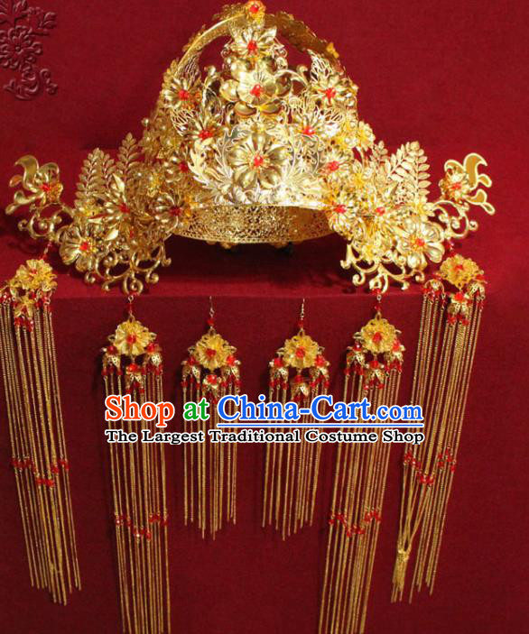 Chinese Ancient Imperial Consort Golden Flowers Phoenix Coronet Hair Jewelry Traditional Handmade Tassel Hairpins Ming Dynasty Hair Accessories Complete Set