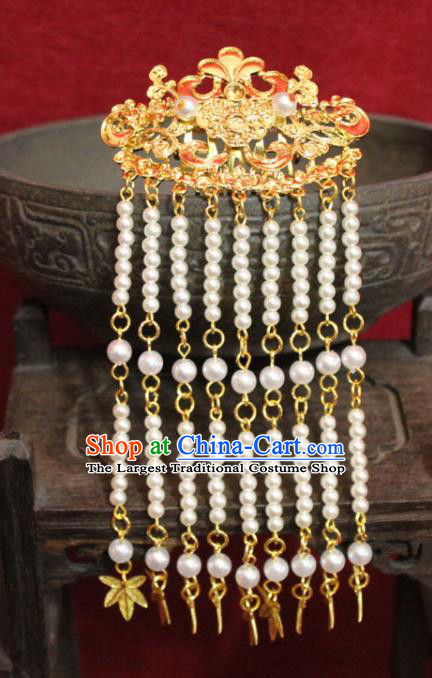 Traditional Chinese Handmade Pearls Tassel Hair Clip Ancient Queen Golden Hairpin Hair Accessories for Women