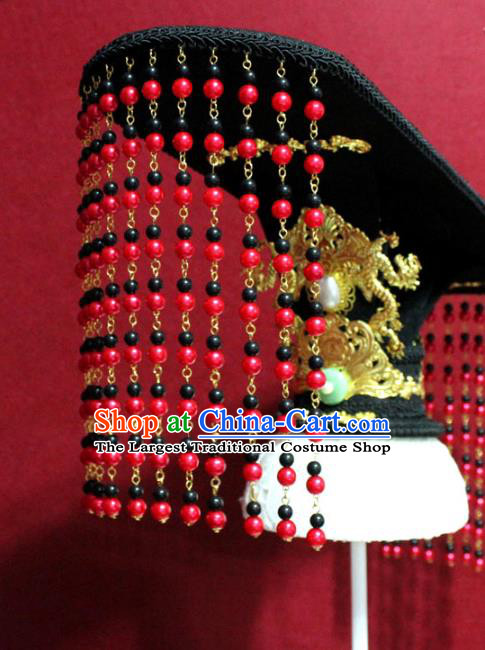 Traditional Chinese Ancient Emperor Beads Tassel Hat Handmade Han Dynasty Monarch Hair Accessories Black Royal Crown for Men