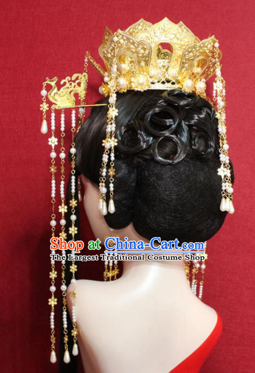 Traditional Chinese Ancient Queen Pearls Tassel Phoenix Coronet Hair Crown Handmade Hair Jewelry Hairpins Golden Lotus Hair Accessories for Women