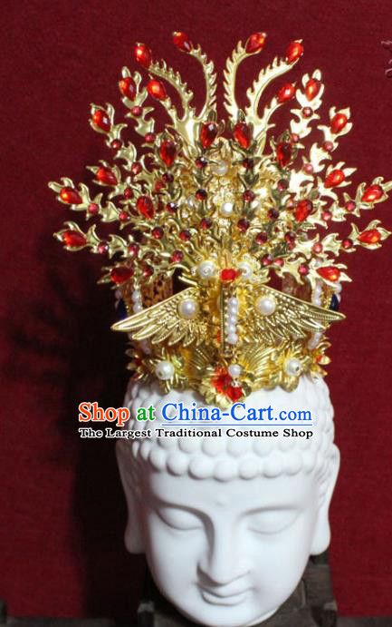 Traditional Chinese Handmade Buddhist Statues Red Crystal Phoenix Hair Crown Pearls Hair Accessories