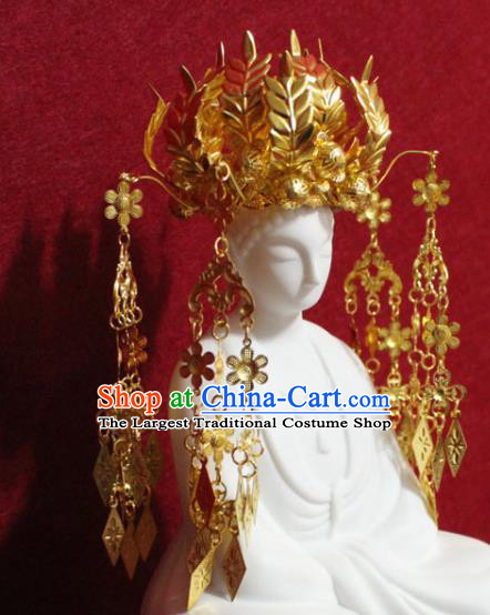 Traditional Chinese Handmade Buddhist Statues Phoenix Hair Crown Golden Wheat Tassel Hair Accessories
