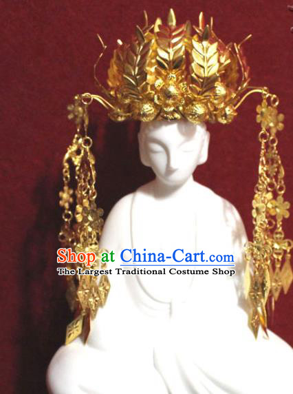 Traditional Chinese Handmade Buddhist Statues Phoenix Hair Crown Golden Wheat Tassel Hair Accessories
