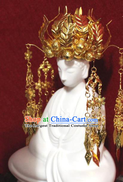 Traditional Chinese Handmade Buddhist Statues Phoenix Hair Crown Golden Wheat Tassel Hair Accessories
