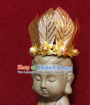 Traditional Chinese Handmade Buddhist Statues Hair Crown Golden Leaf Hair Accessories Headwear