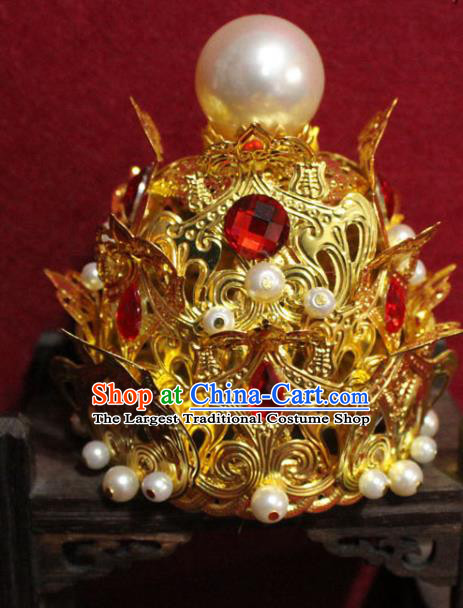 Traditional Chinese Handmade Golden Hair Crown Buddhist Statues Red Crystal Hairpins Hair Accessories Headwear