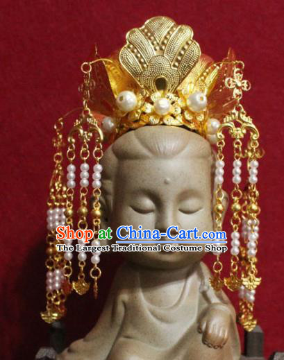 Traditional Chinese Handmade Beads Tassel Hair Crown Buddhist Statues Hairpins Golden Hair Accessories Headwear