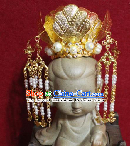 Traditional Chinese Handmade Beads Tassel Hair Crown Buddhist Statues Hairpins Golden Hair Accessories Headwear