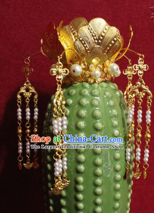 Traditional Chinese Handmade Beads Tassel Hair Crown Buddhist Statues Hairpins Golden Hair Accessories Headwear