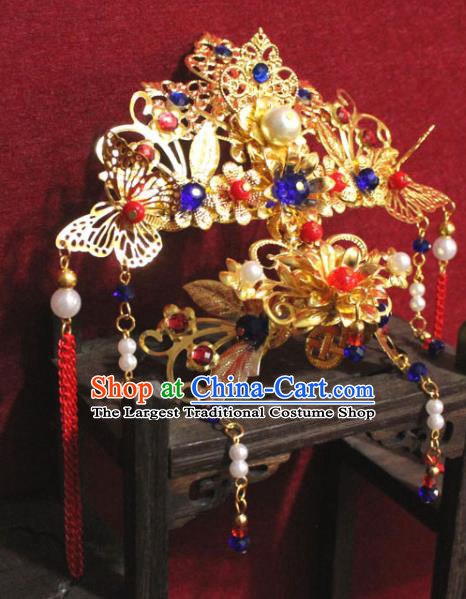 Traditional Chinese Handmade Tassel Hair Crown Buddhist Statues Blue Flowers Hairpins Golden Hair Accessories Headwear