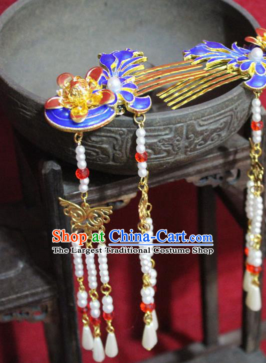Traditional Chinese Handmade Cloisonne Hair Combs Ancient Queen Pearls Tassel Hairpins Hair Accessories Headwear for Women